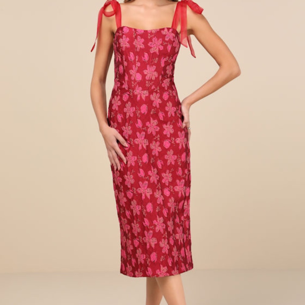 Lulus Lovely Darling Magenta Floral Jacquard Tie-strap Midi Dress Pink - Size XS